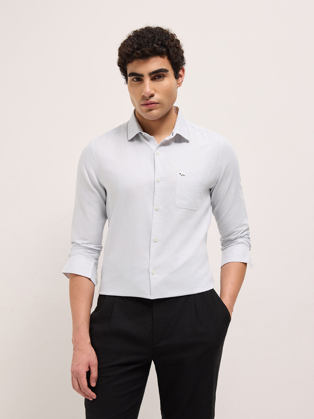 Grey Woven Checked Tailored Fit Formal Shirt