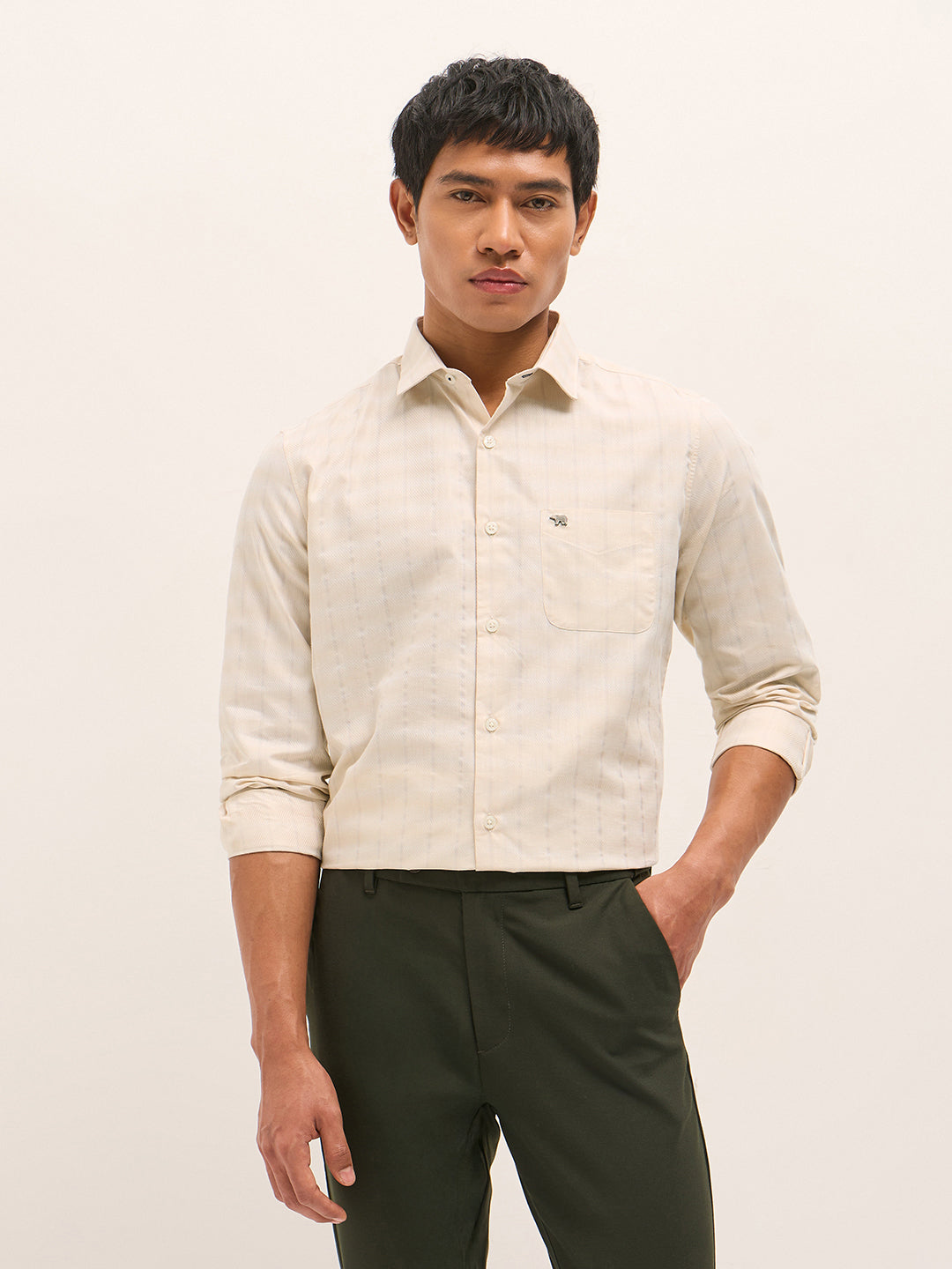 Beige Woven Stripe Tailored Fit Formal Shirt
