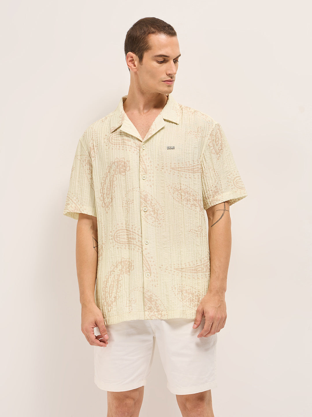 Cream Viscose Paisley Print Relaxed Fit Cuban Collar Shirt