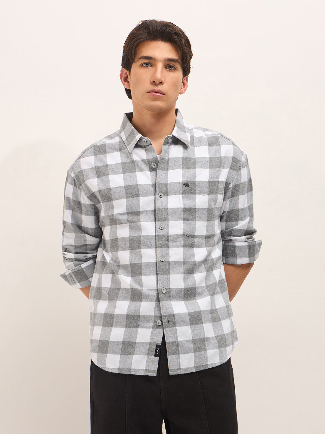 Grey & White Woven Block Checks Flannel Relaxed Fit Casual Shirt