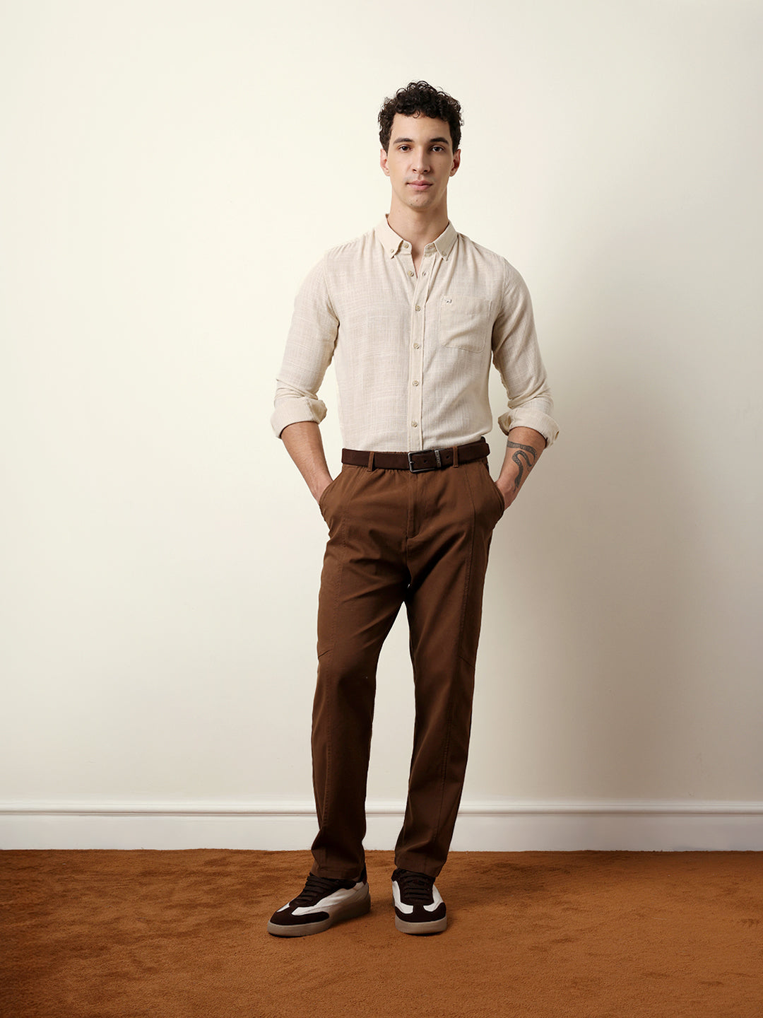 Cream Slub-Textured Woven Slim Fit Casual Shirt