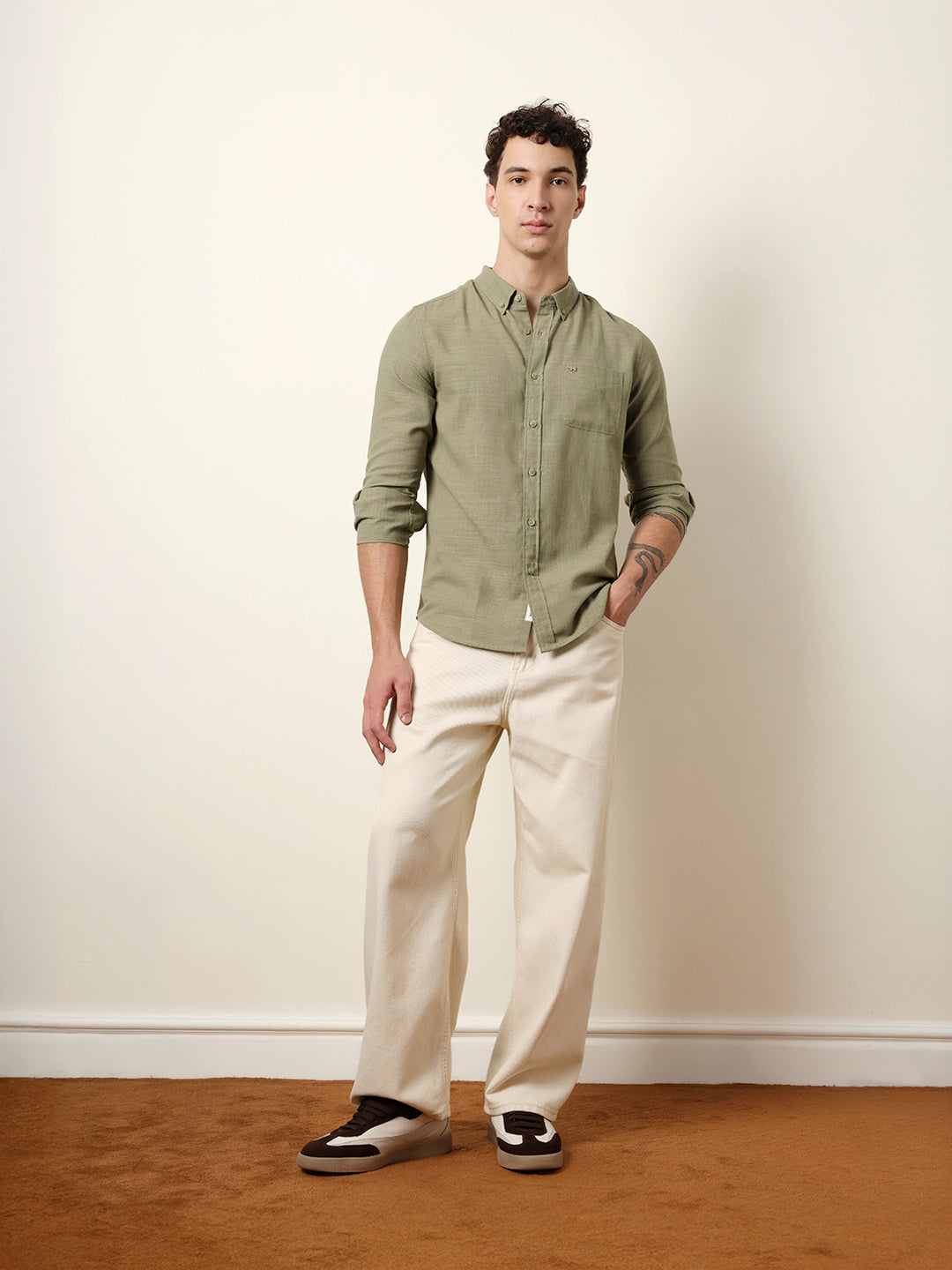 Green Slub-Textured Woven Slim Fit Casual Shirt