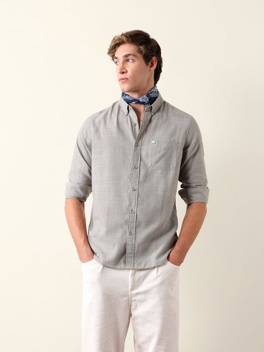 Light Grey Slub-Textured Woven Slim Fit Casual Shirt