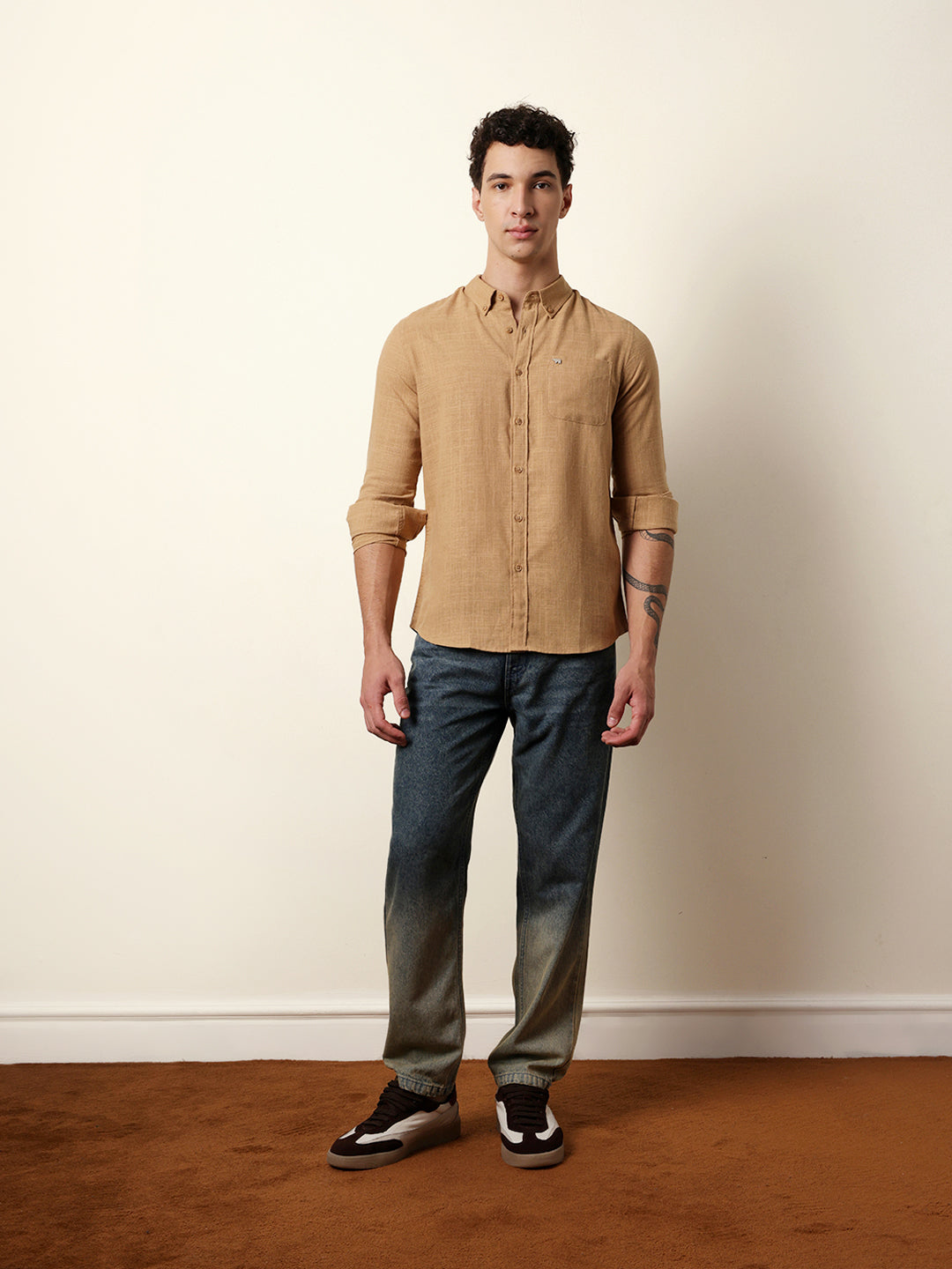 Mustard Slub-Textured Woven Slim Fit Casual Shirt