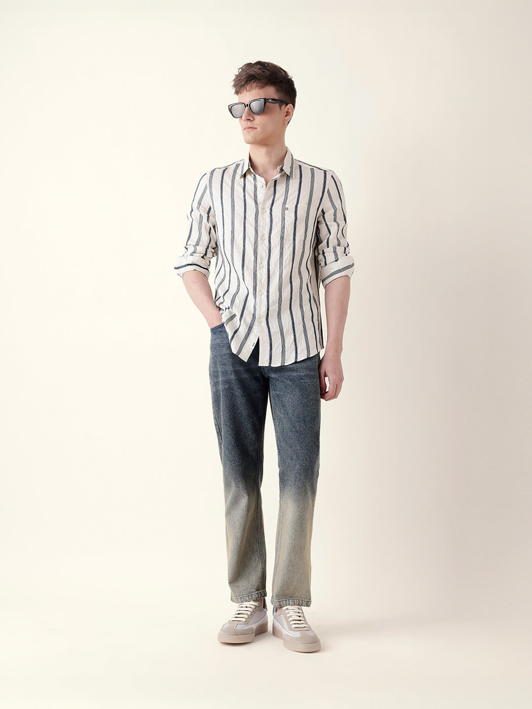 Blue & Cream Vertical Woven Stripe Slim Fit Casual Shirt