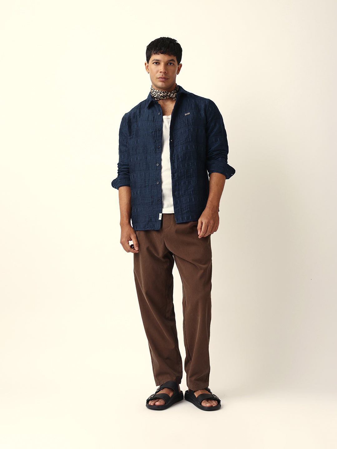 Blue Textured Woven Self-Design Slim Fit Casual Shirt