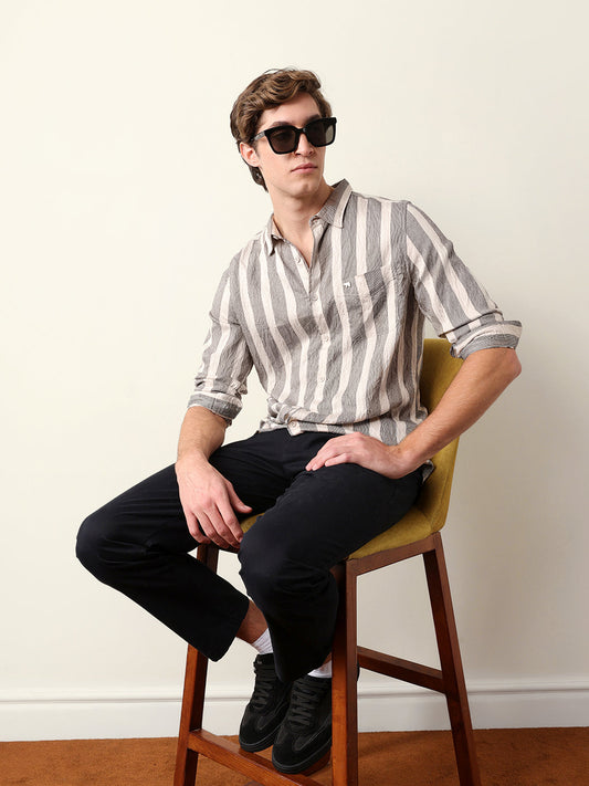 Beige Regular Fit Vertical Crinkle Stripe Casual Shirt