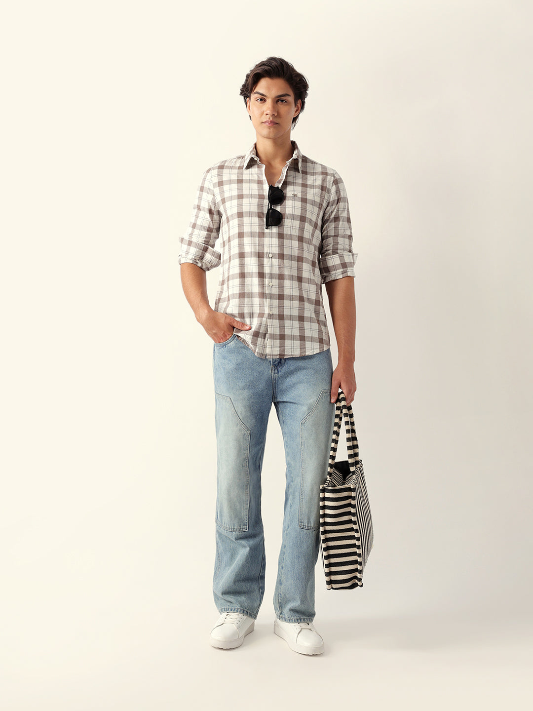 Cream & Brown Woven Checked Slim Fit Casual Shirt