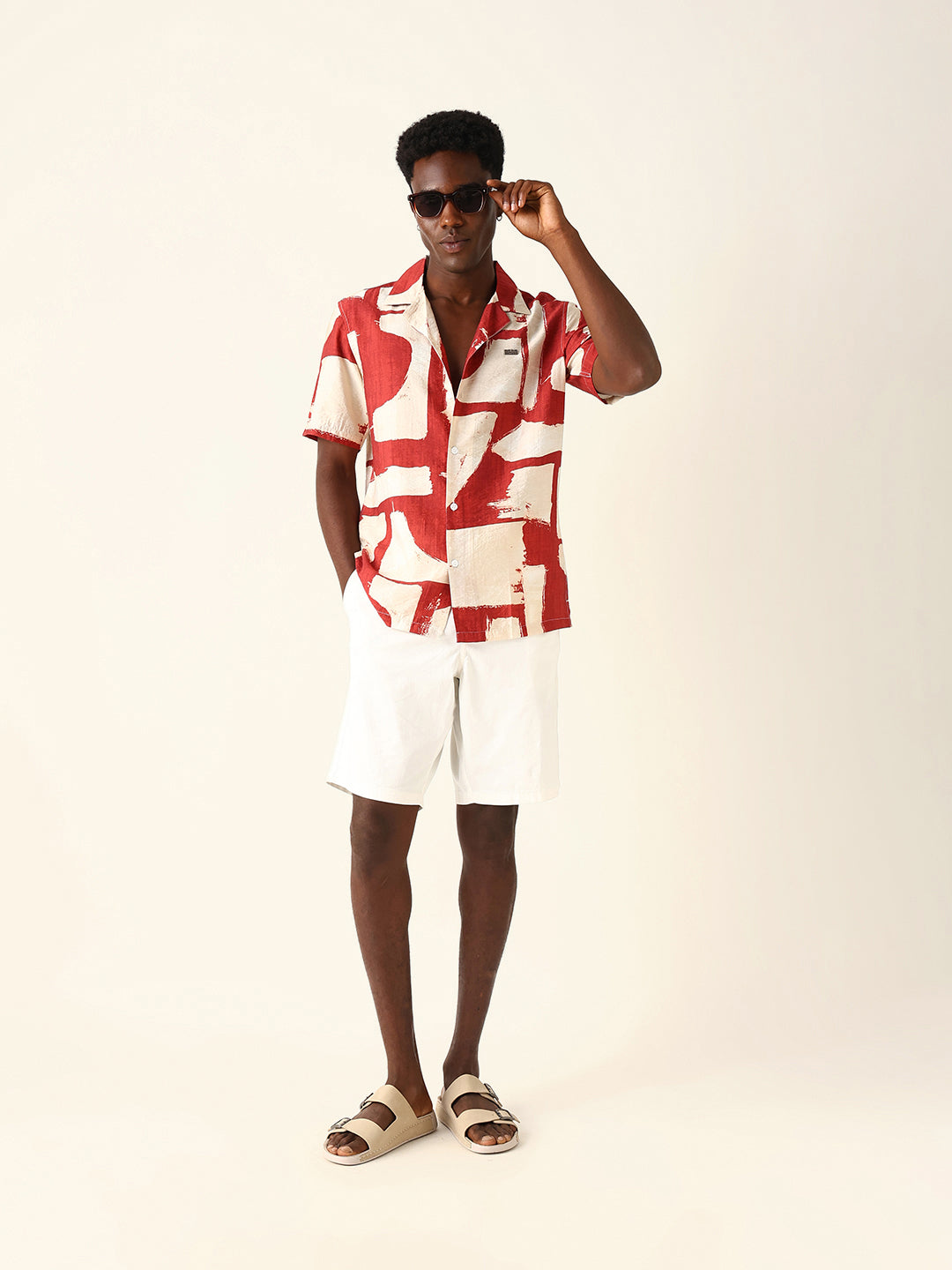 Red & Beige Abstract Brushstroke Printed Relaxed Fit Short Sleeve Shirt