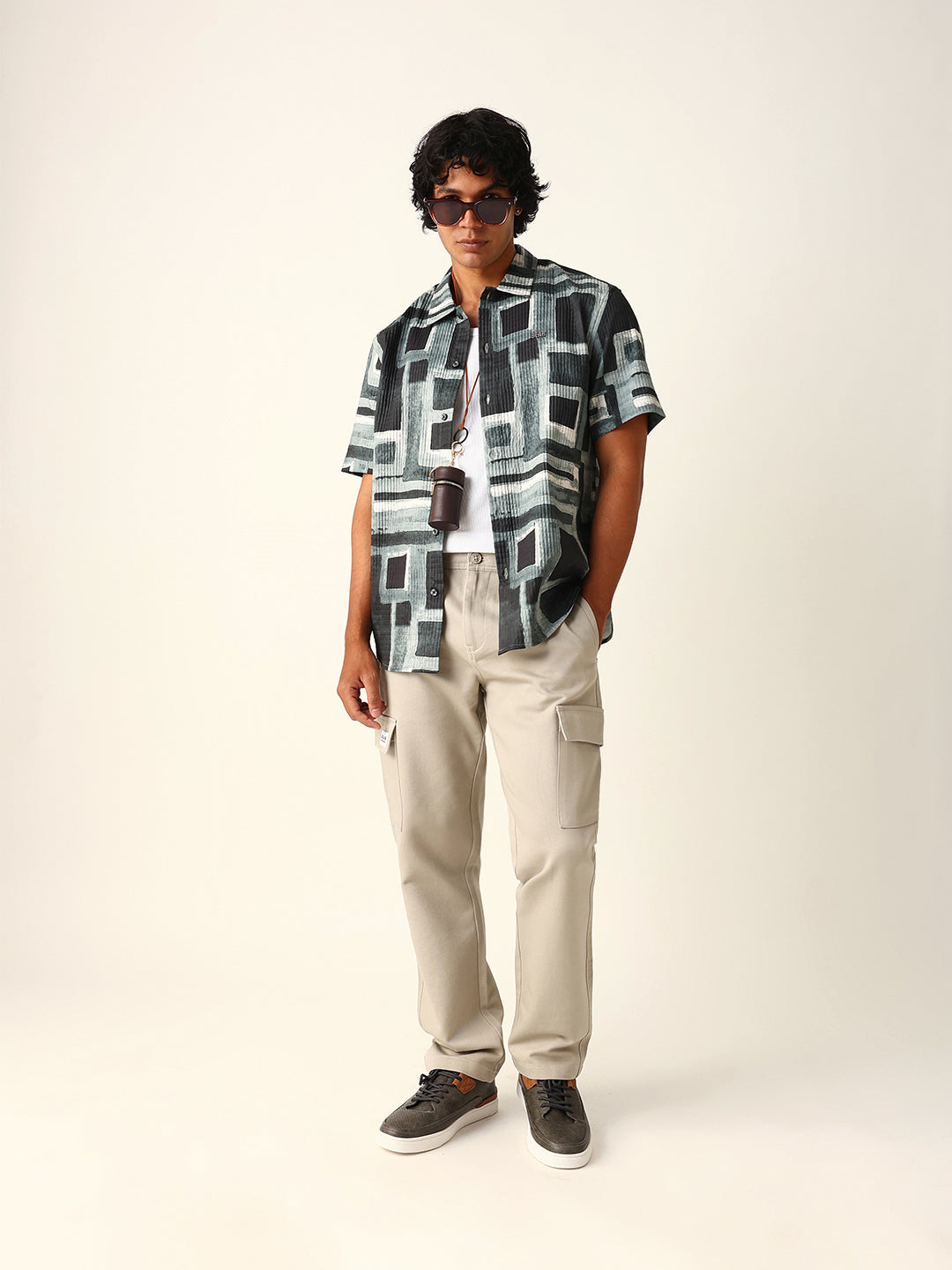 Green & Black Abstract Geometric Printed Relaxed Fit Casual Shirt
