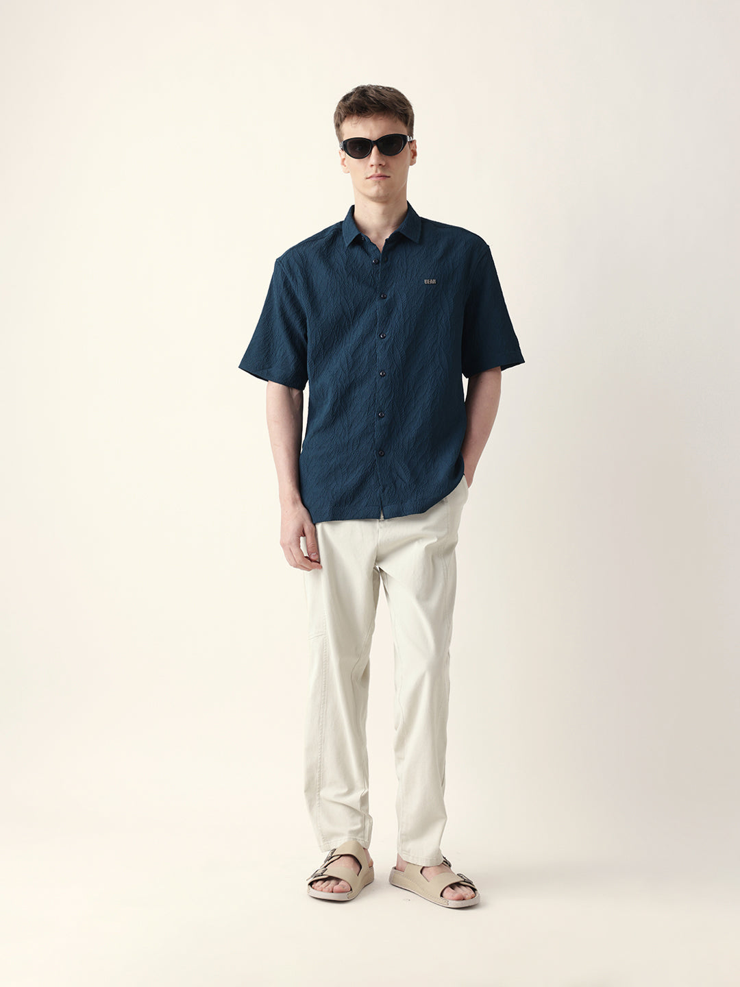 Dark Teal All-Over Textured Leaf Motif Oversized Shirt with Half Sleeves