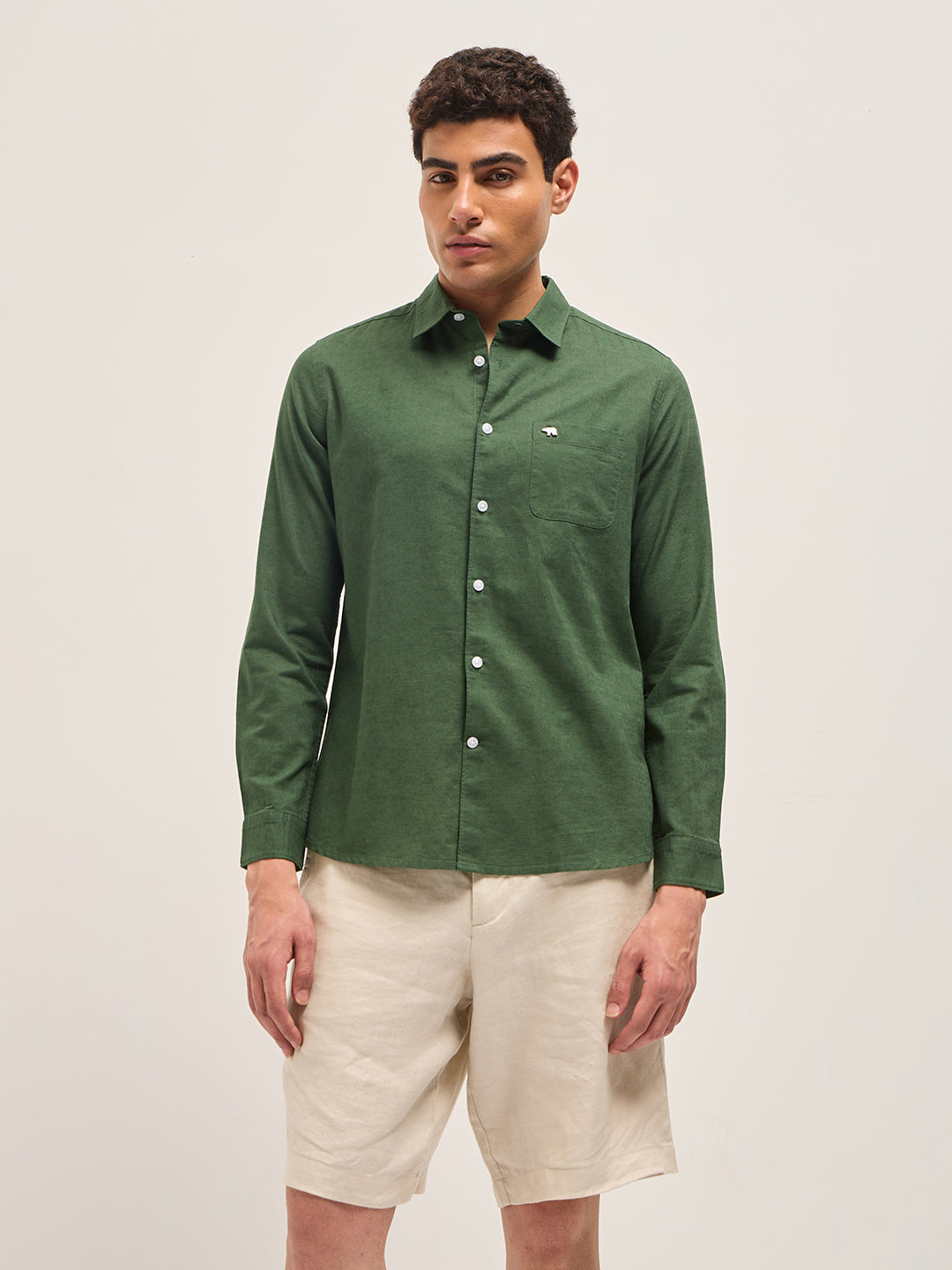 Green Cotton Linen Slim Fit Solid Casual Shirt