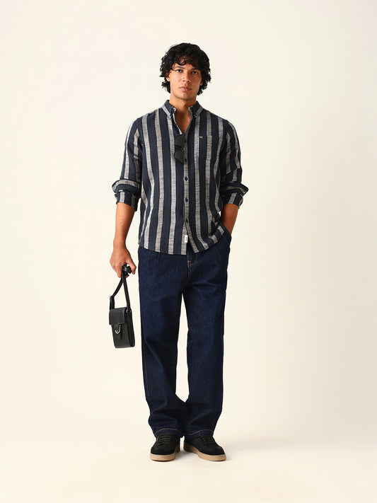 Black Woven Vertical Stripes Slim Fit Casual Shirt