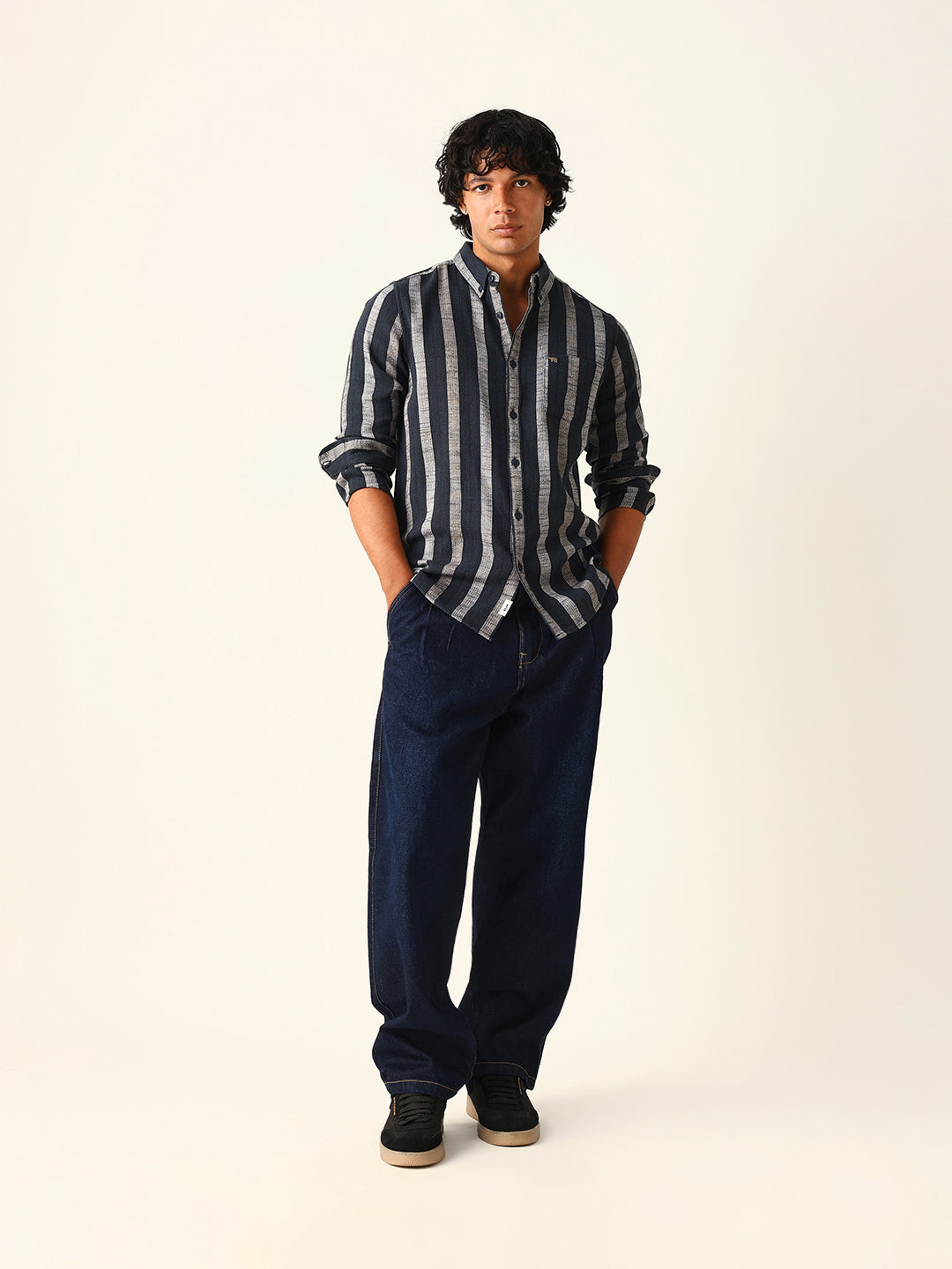 Black Woven Vertical Stripes Slim Fit Casual Shirt