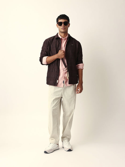 Brown Textured Woven Self-Design Slim Fit Casual Shirt