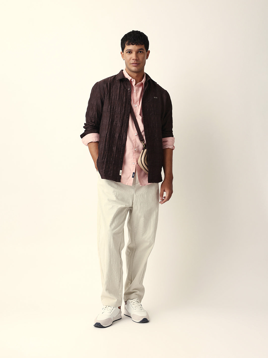 Brown Textured Woven Self-Design Slim Fit Casual Shirt