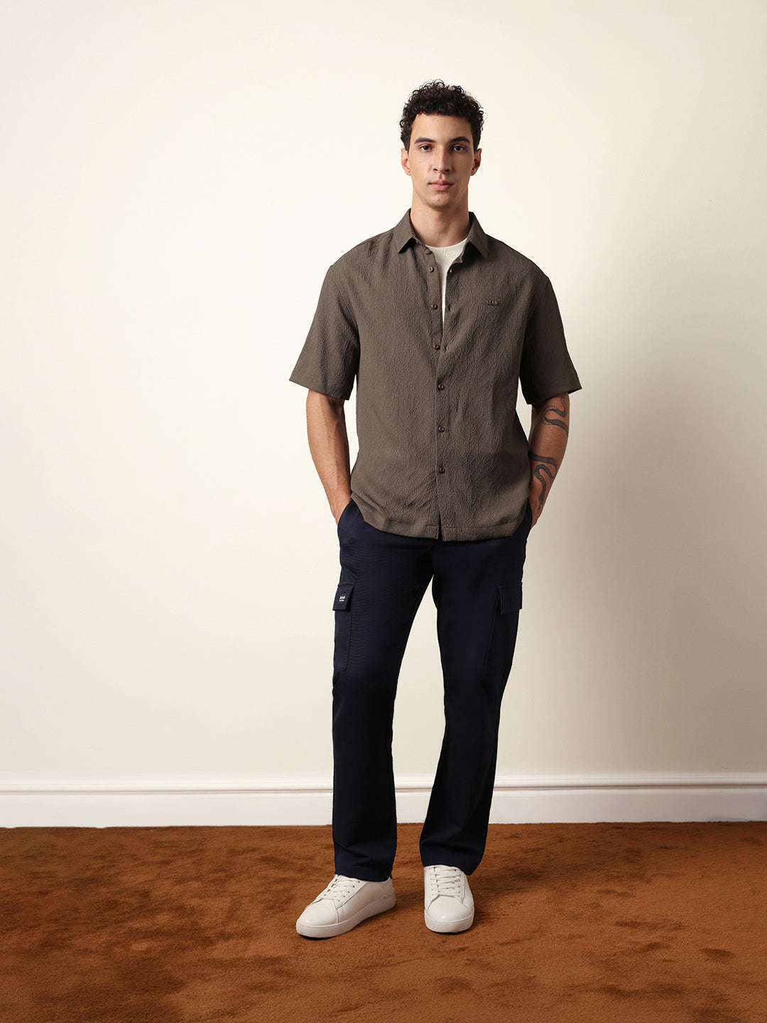 Olive All-Over Textured Leaf Motif Oversized Shirt with Half Sleeves