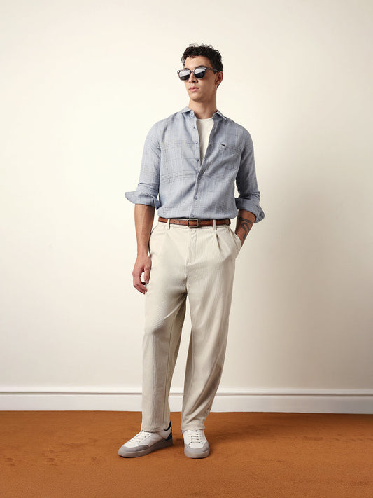 Blue Woven Checked Slim Fit Casual Shirt