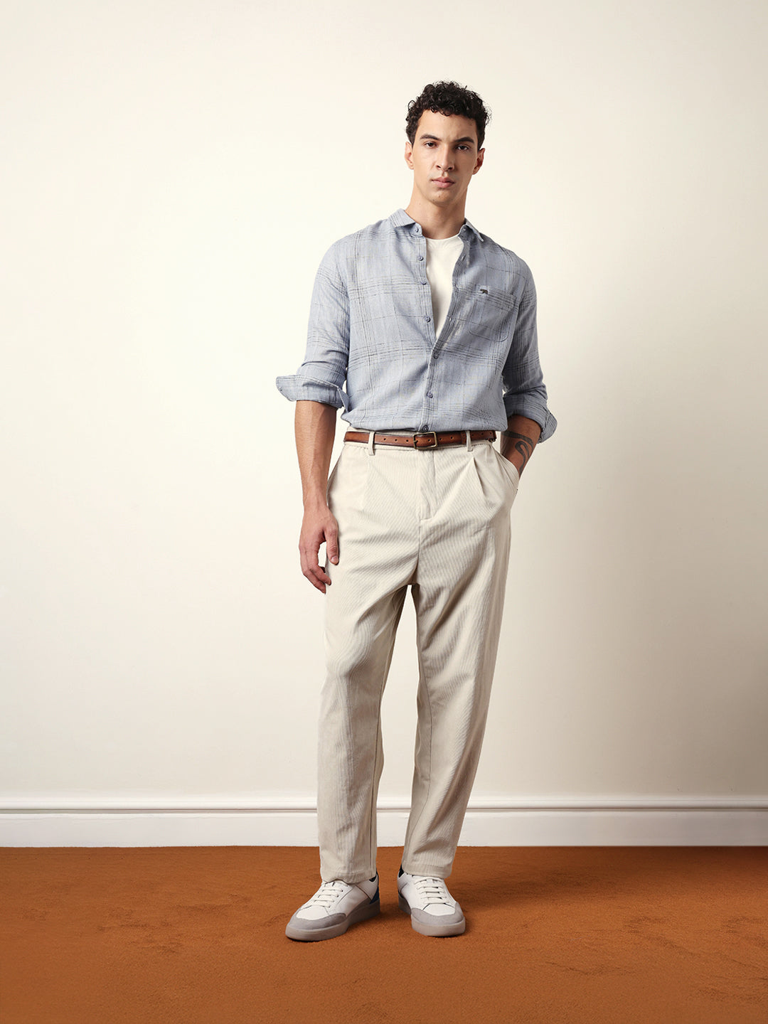 Blue Woven Checked Slim Fit Casual Shirt