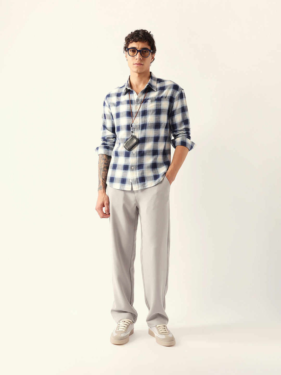 Blue & White Herringbone Check Relaxed Fit Overshirt