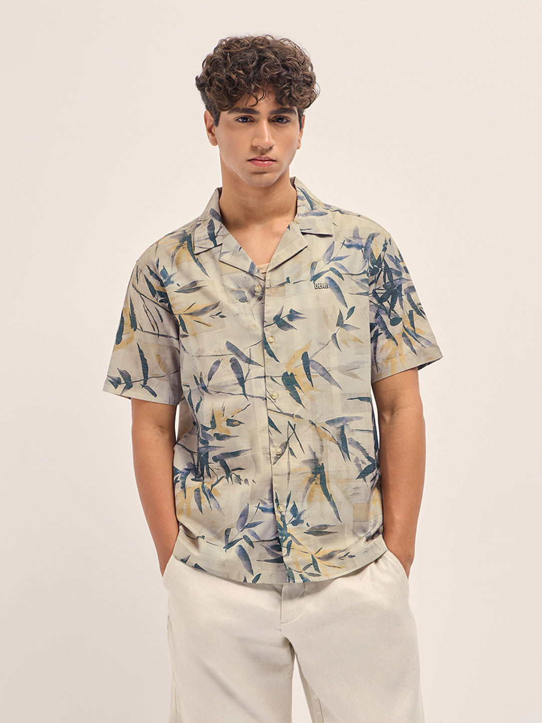 Multicolor Relaxed Fit Cuban Collar Shirt with Tropical Leaf Print
