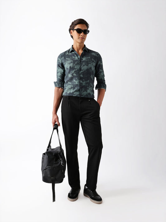 Sage Green Slim Fit Abstract Brush Print Casual Shirt