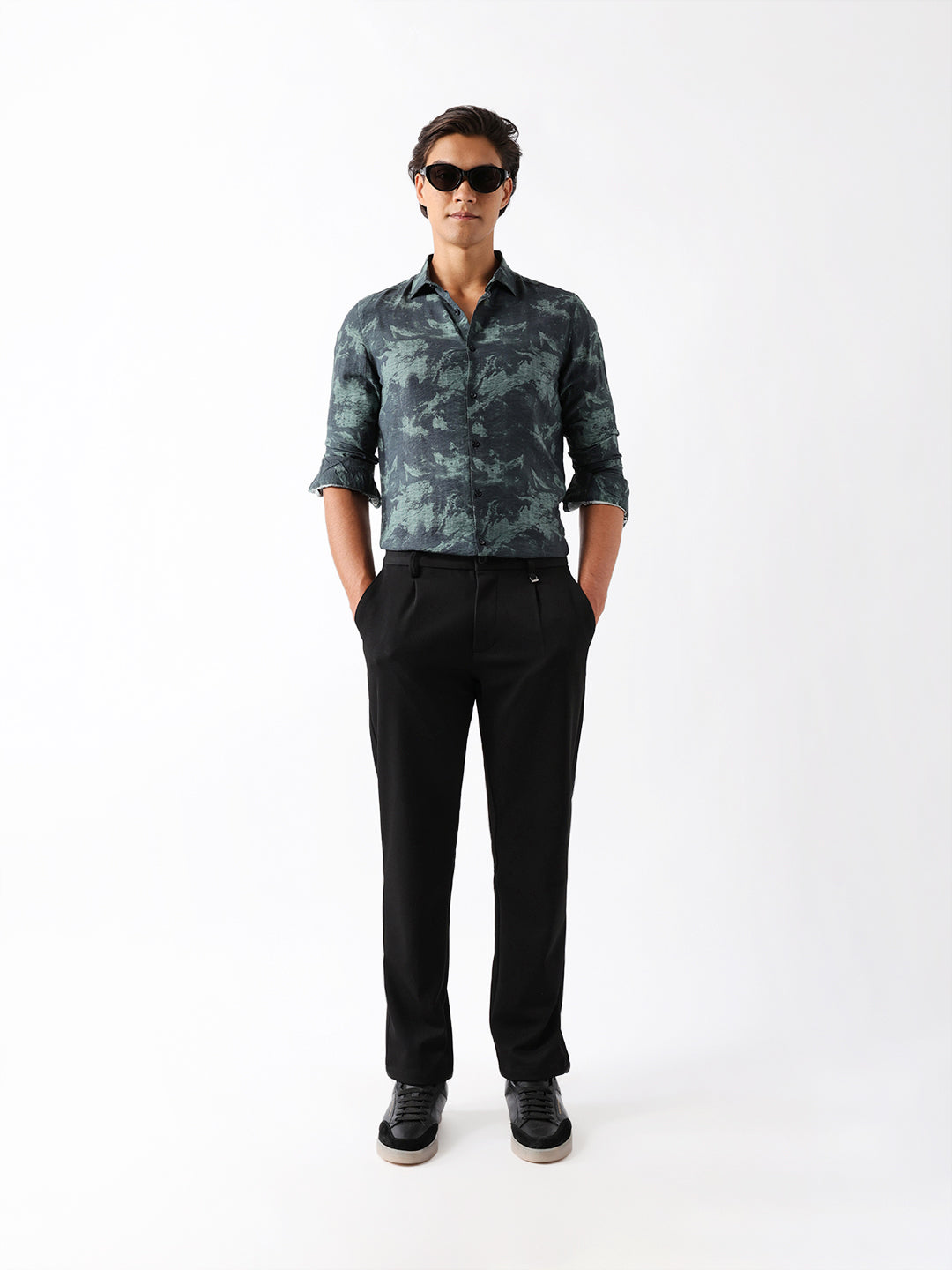 Sage Green Slim Fit Abstract Brush Print Casual Shirt