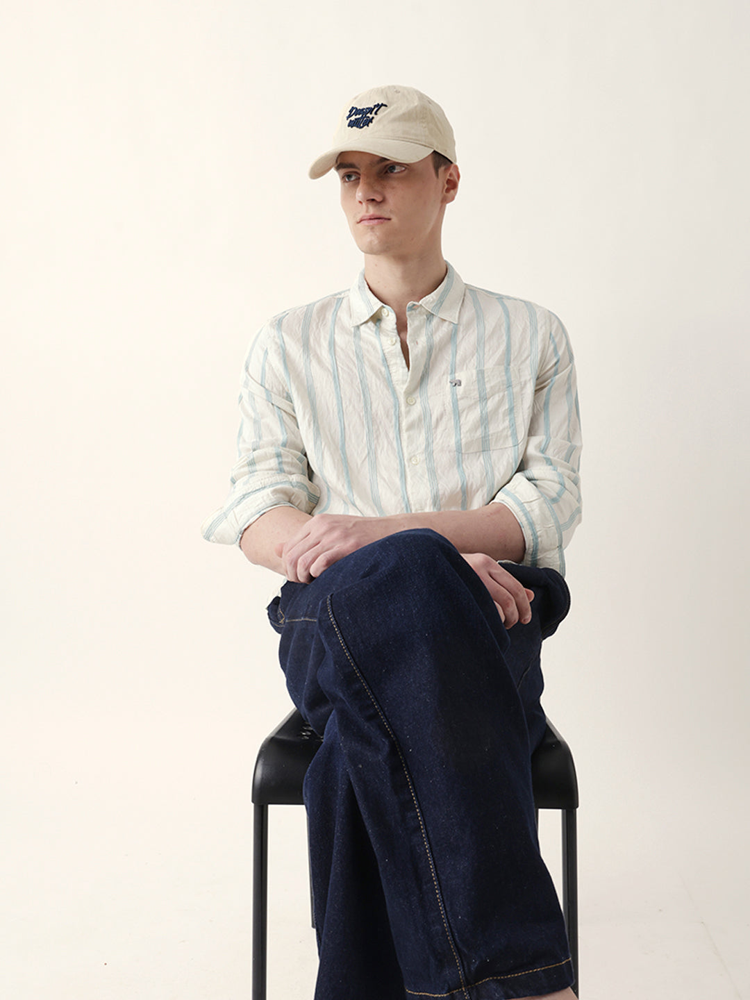 Teal & Cream Seersucker Vertical Pinstripe Slim Fit Casual Shirt