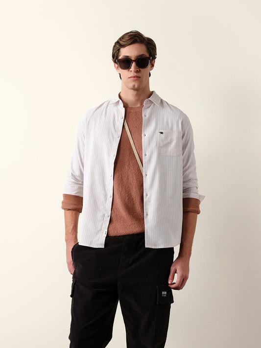 Beige & White Slim-Fit Casual Shirt with Vertical Pine Stripes