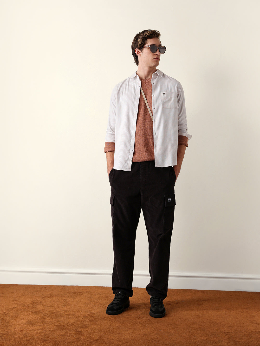 Beige & White Slim-Fit Casual Shirt with Vertical Pine Stripes