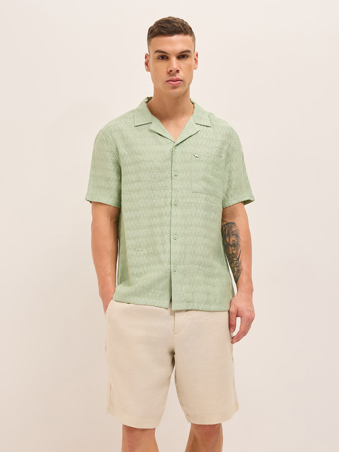 Light Green Zigzag Textured Weave Relaxed Fit Half Sleeve Casual Shirt