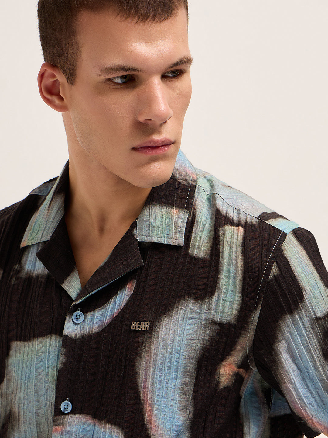Black Viscose Abstract print Relaxed Fit Cuban Collar Shirt
