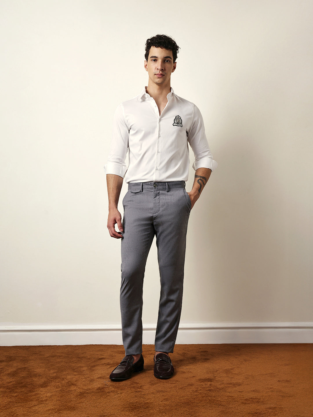 White Tailored Fit Regal Crest Embroidery Formal Party Shirt