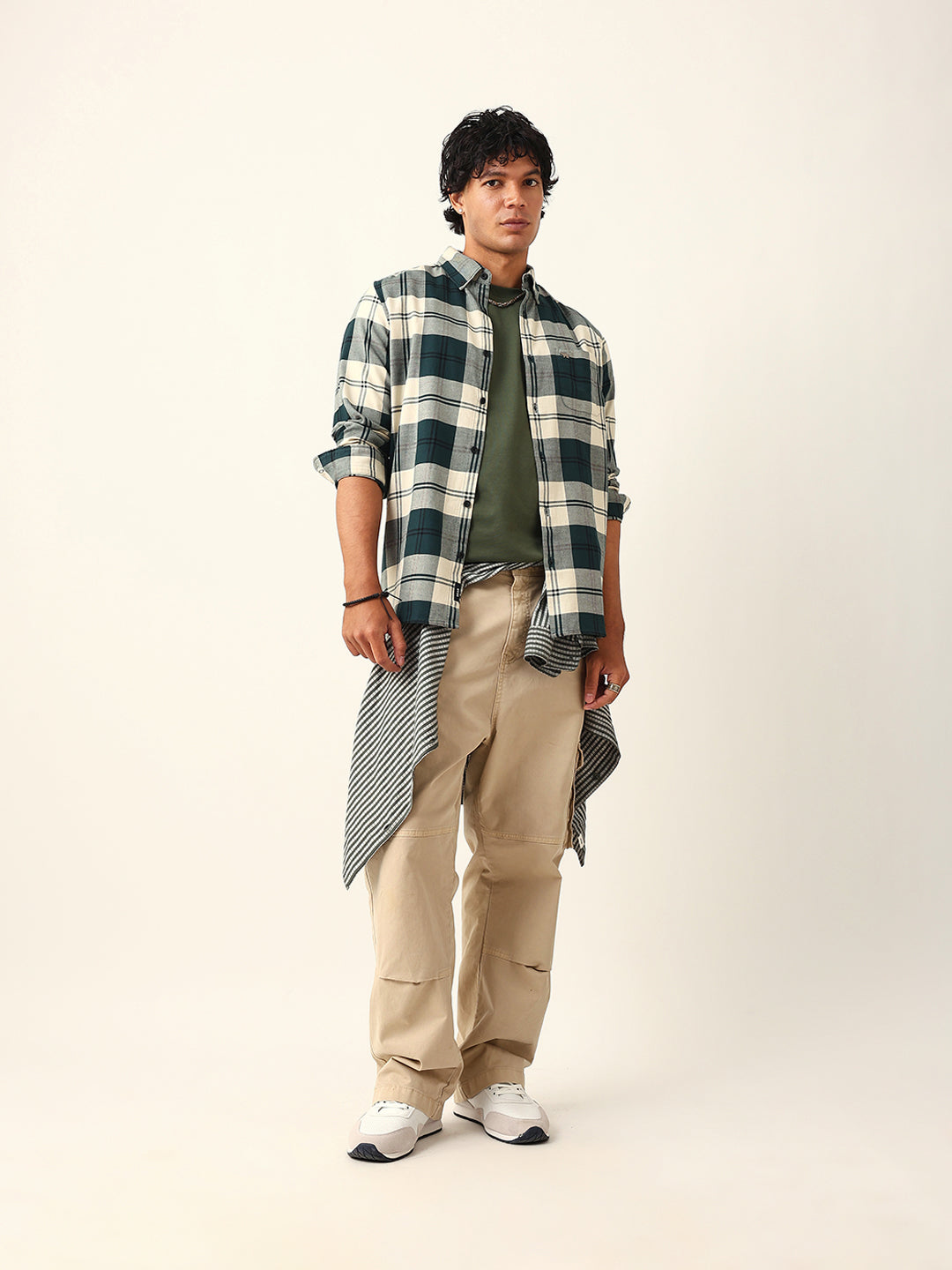 Green & Cream Woven Check Slim Fit Casual Shirt