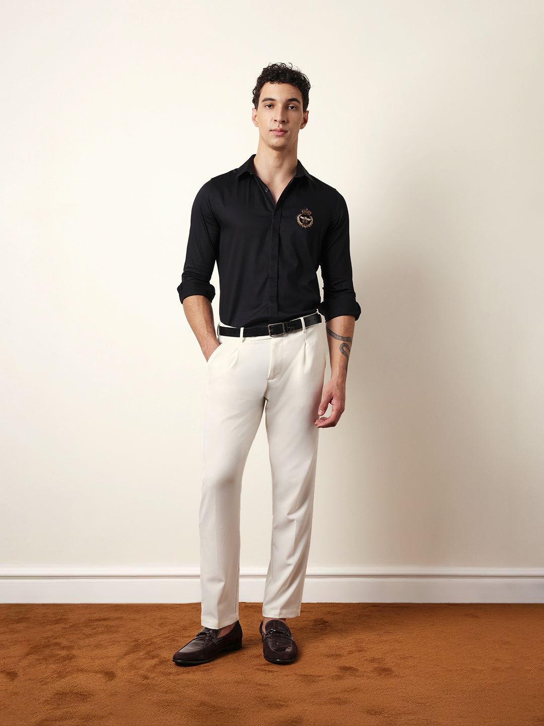Black Tailored Fit Formal Party Shirt with Regal Crest Embroidery