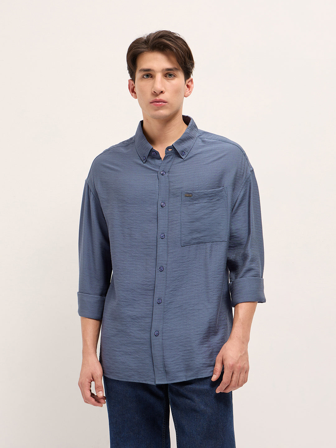 Blue Viscose Herringbone Design Relax Fit Casual shirt