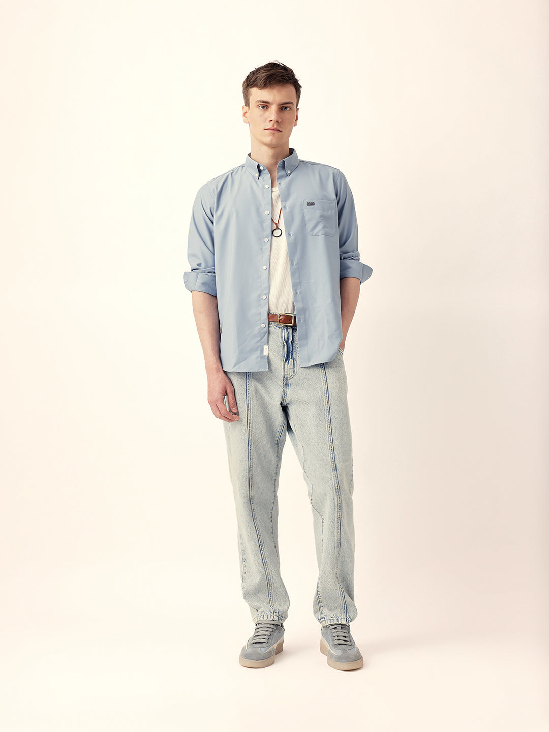 Light Blue Solid Slim Fit Casual Shirt with a Classic Semi-Formal Look
