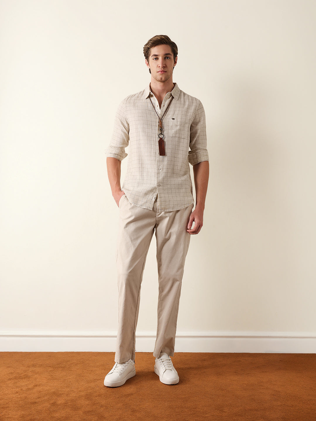 Cream Slim Fit Casual Shirt with Woven Block Check Pattern