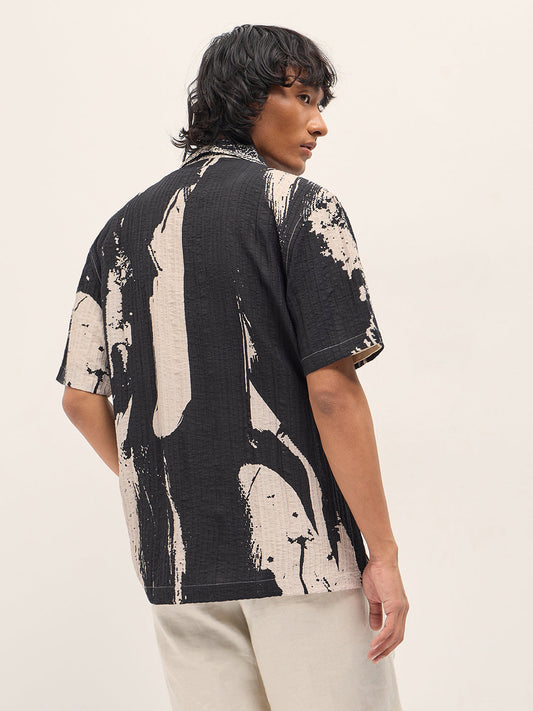 Black Viscose Abstract print Relaxed Fit Cuban Collar Shirt