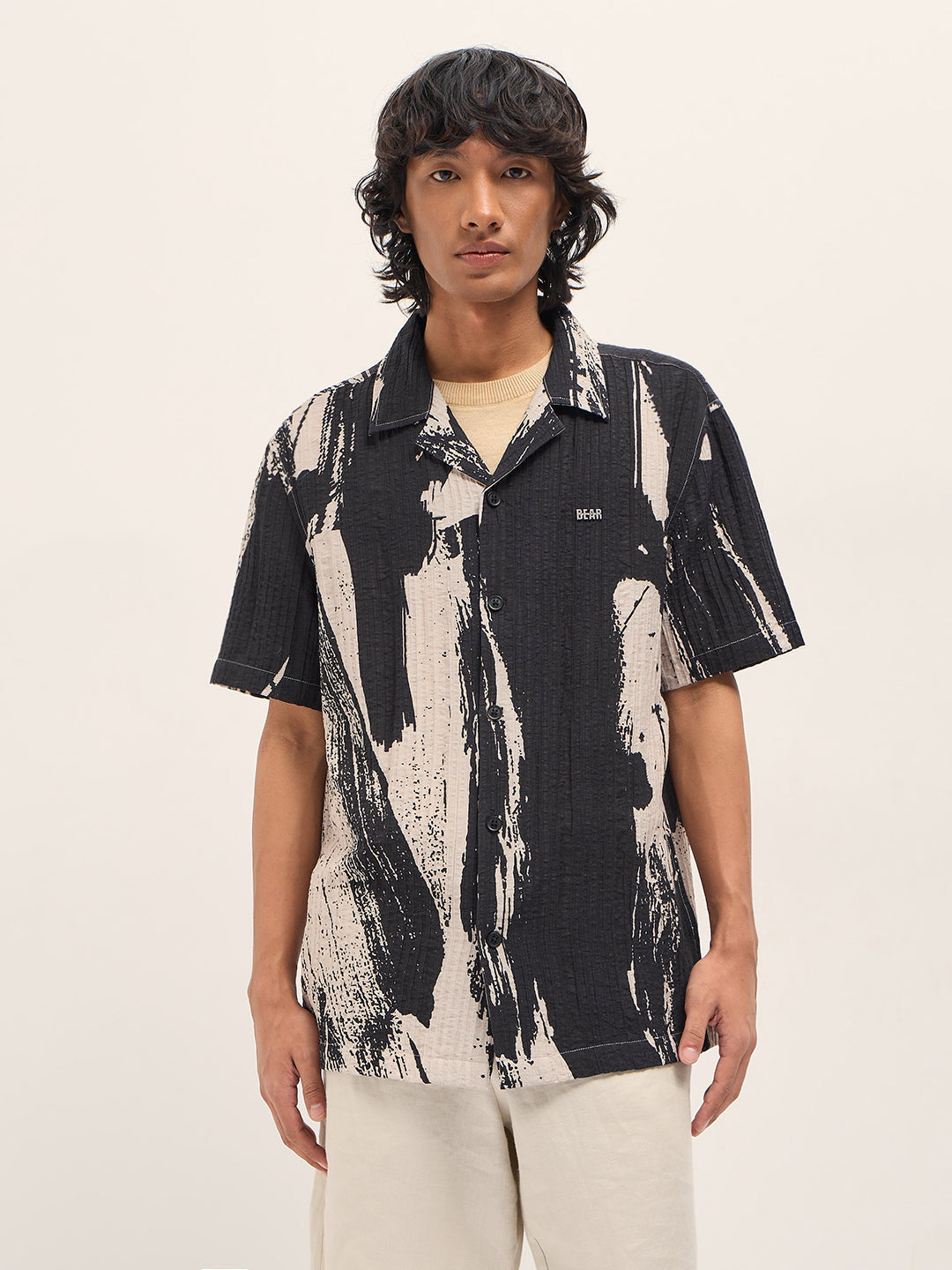 Black Viscose Abstract print Relaxed Fit Cuban Collar Shirt