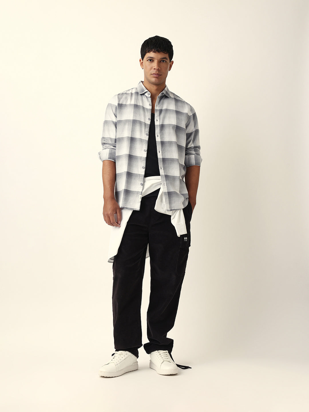 Grey with White Woven Checkered Slim Fit Casual Shirt