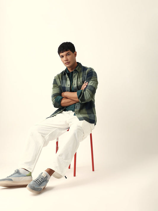 Green with Navy Blue Flannel Checked Regular Fit Overshirt