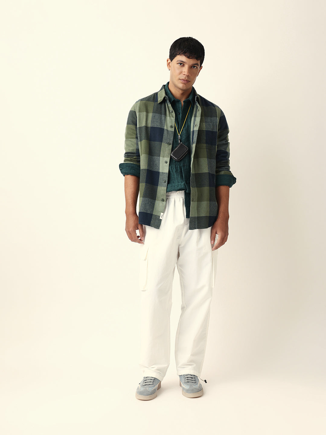Green with Navy Blue Flannel Checked Regular Fit Overshirt