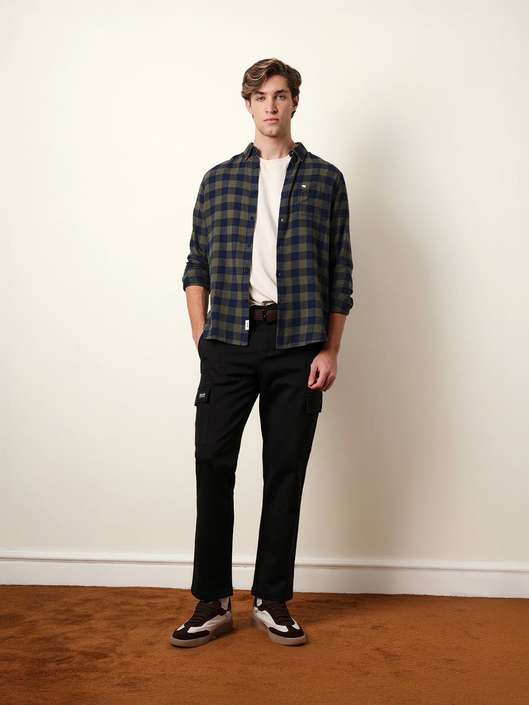 Olive & Navy Blue Buffalo Check Flannel Slim Fit Casual Shirt