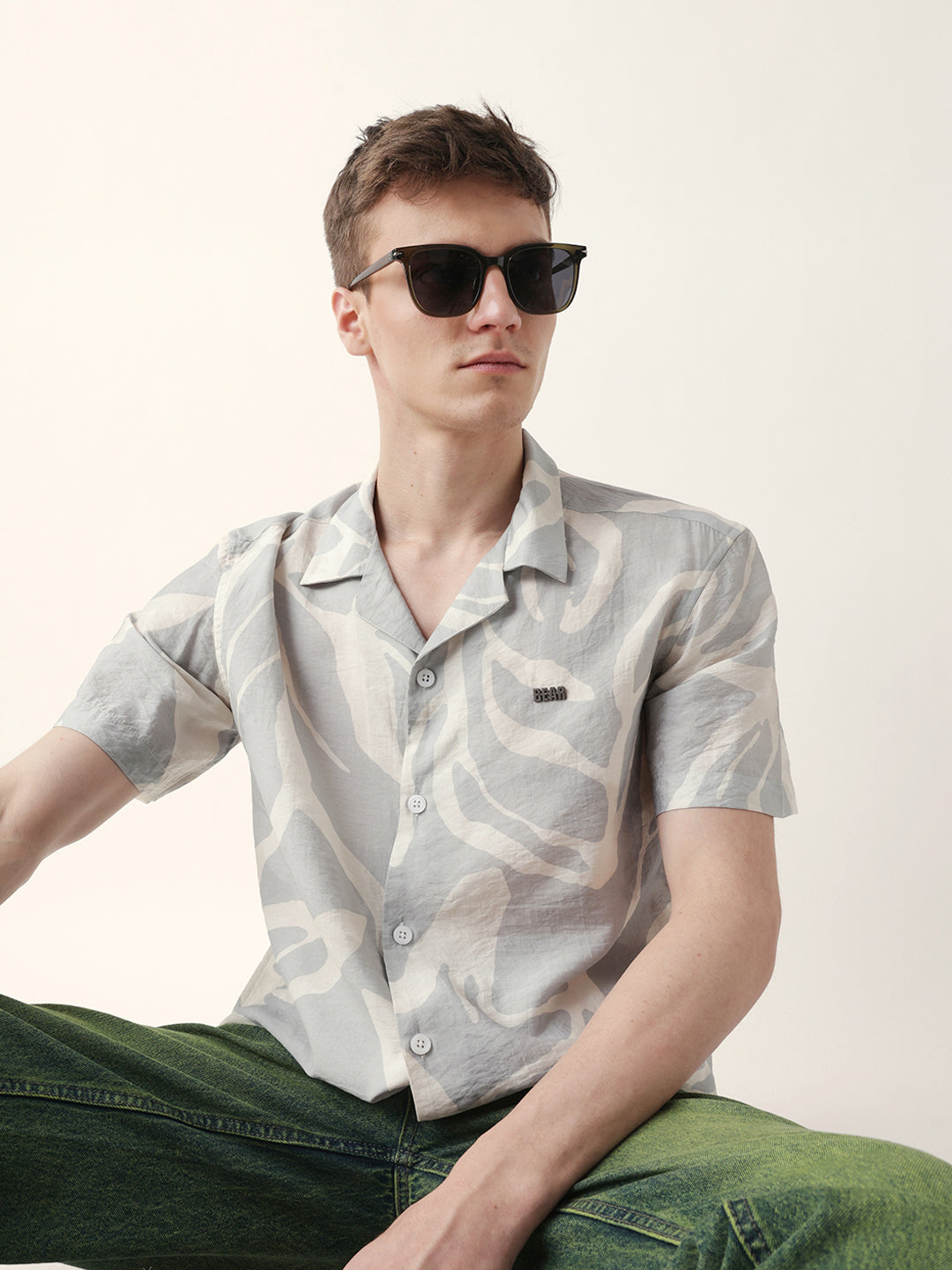 Teal with Cream Relaxed Fit Abstract Stroke Print Half Sleeve Casual Shirt