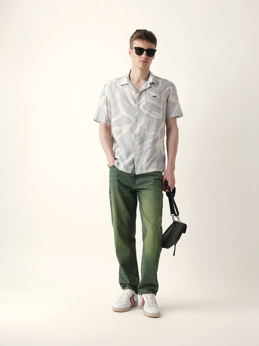 Teal with Cream Relaxed Fit Abstract Stroke Print Half Sleeve Casual Shirt