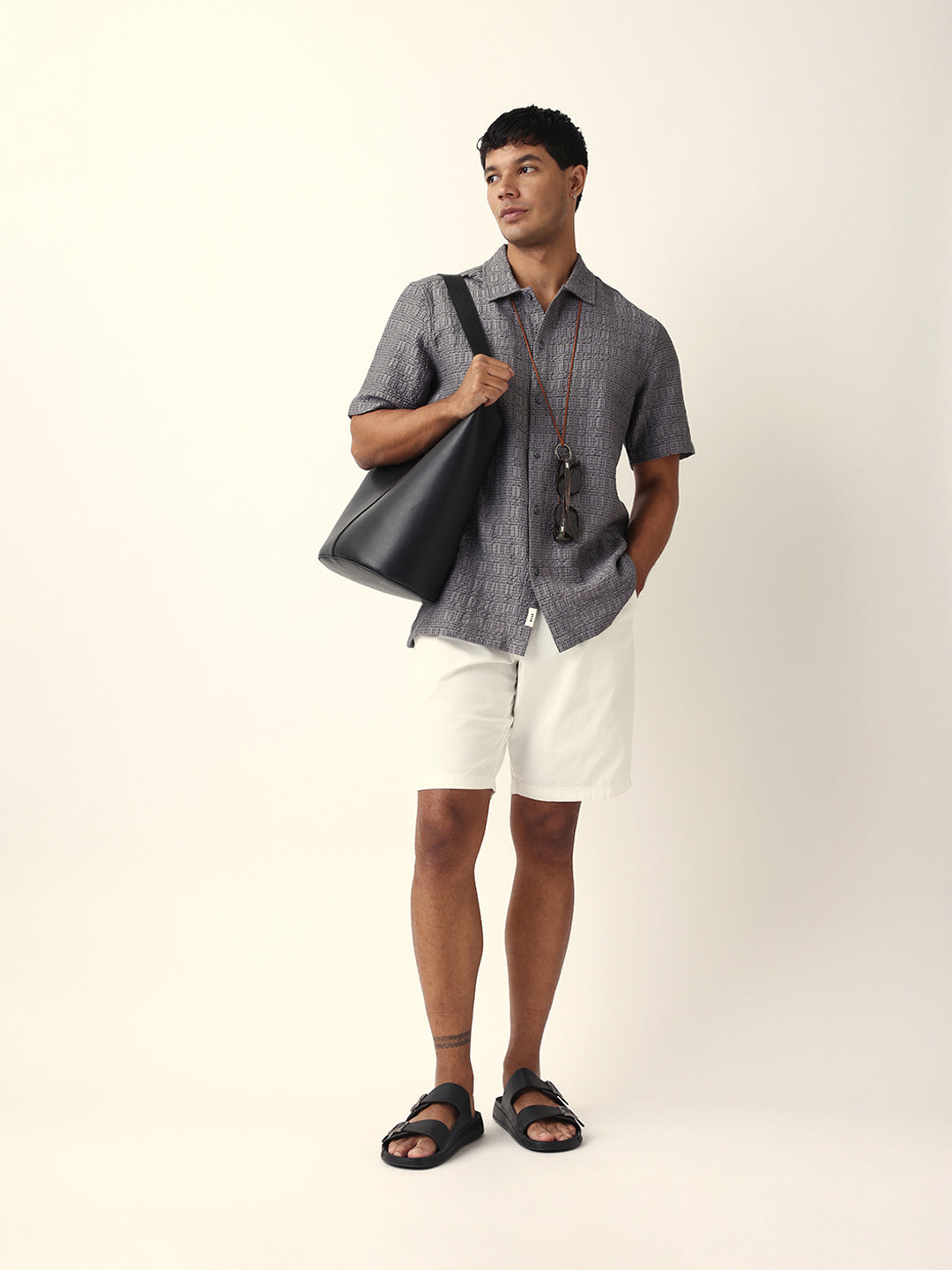 Grey Textured Geometric Relaxed Fit Casual Half Sleeve Shirt