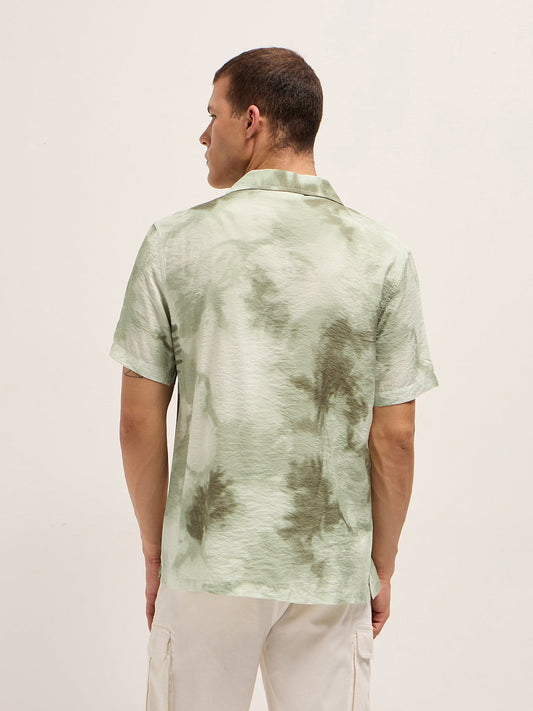 Light Green Faded Abstract Print Relaxed Fit Cuban Collar Shirt