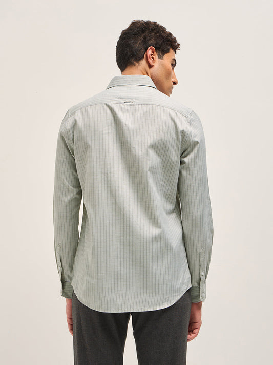 Light Green Vertical Striped Tailored Fit Formal Shirt