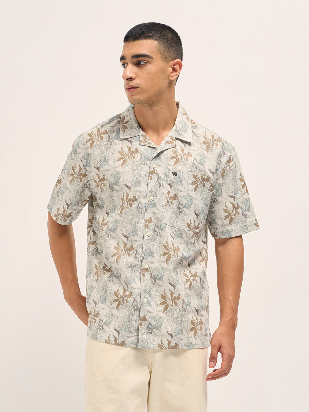 Multicolor Tropical Leaf Print Oversized Fit Half Sleeve Shirt